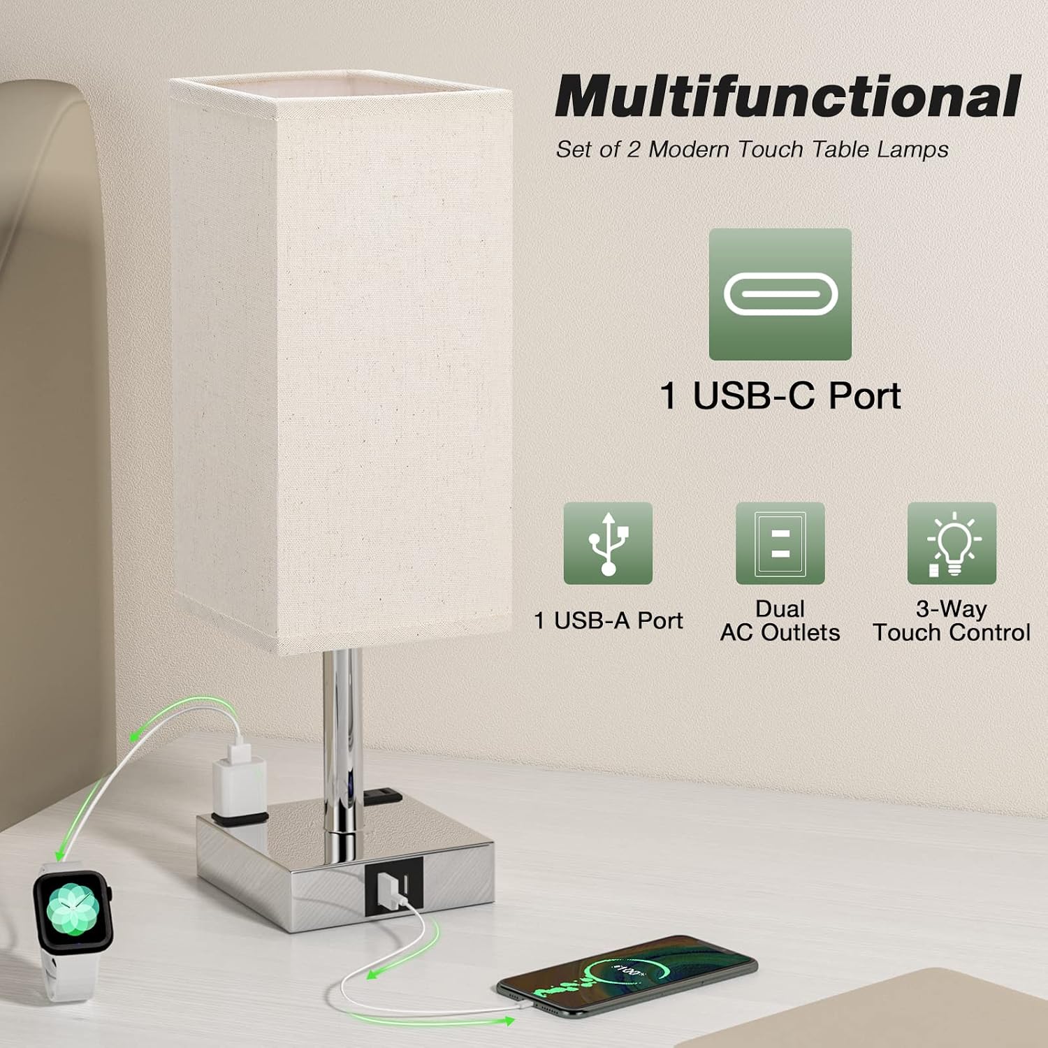 aooshine Beige Set of 2 Touch Lamp with USB Port-Nightstand Lamp with USB-C+A Charge Ports& AC Outlets, 3-Way Dimmable Bedside Lamp with…