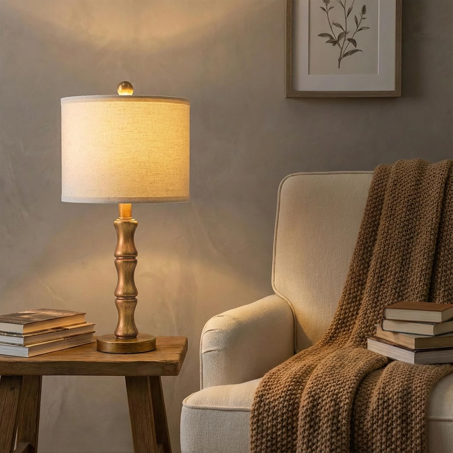 BOBOMOMO 20.5" Vintage Nightstand Lamps Set of 2, Farmhouse Table Lamps with Antique Gold Resin Base & Linen Shade, Small Bedside Lamp…