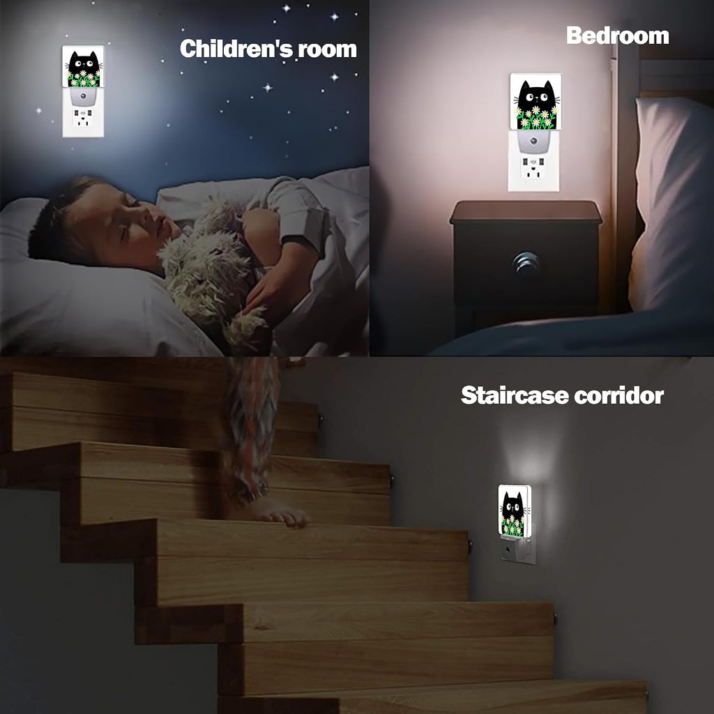 Cat Kitten Daisy Night Light, Camomile Bouquet Plug into Wall with Dusk to Dawn Light Sensors, Warm Nightlights for Bedroom, Bathroom…
