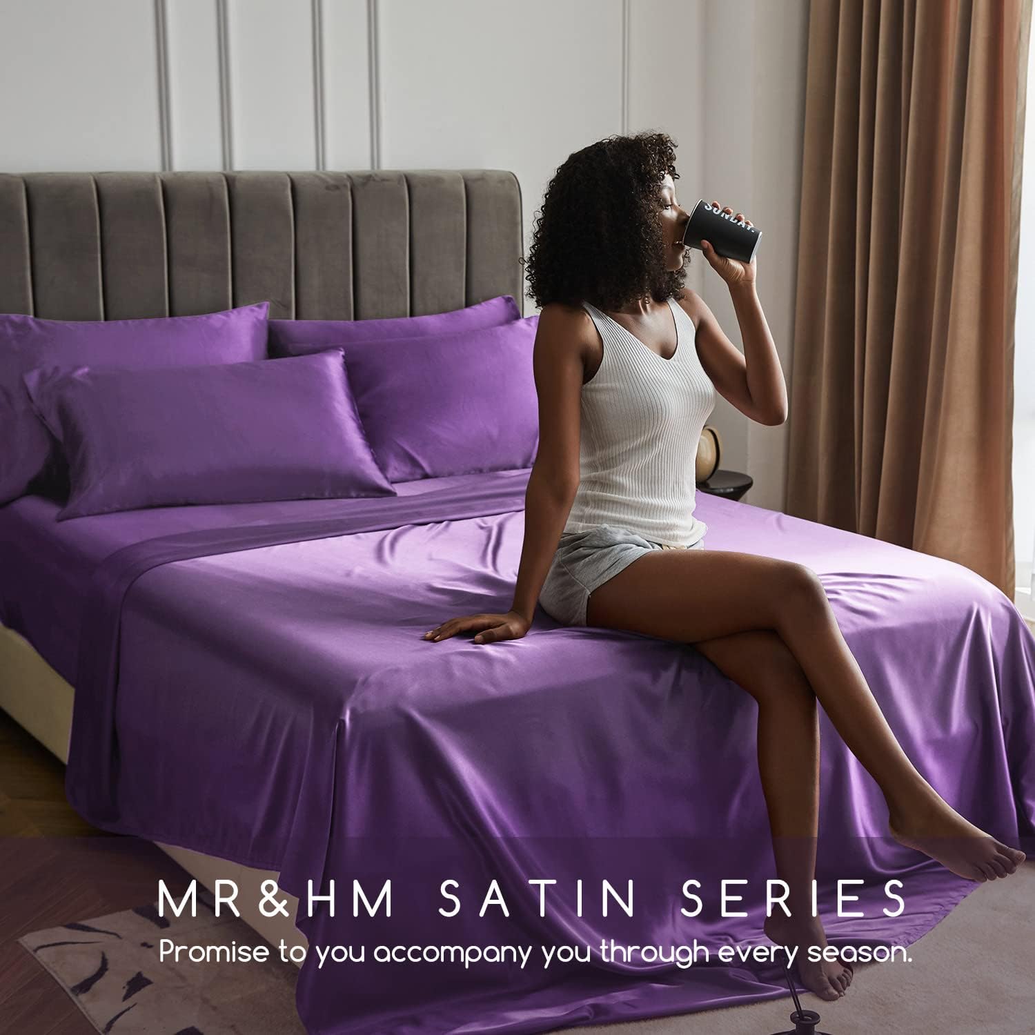 MR&HM Satin Bed Sheets, Queen Size Sheets Set, 6 Pcs Silky Bedding Set with 15 Inches Deep Pocket for Mattress (Queen, Lavender) 6 Pcs…