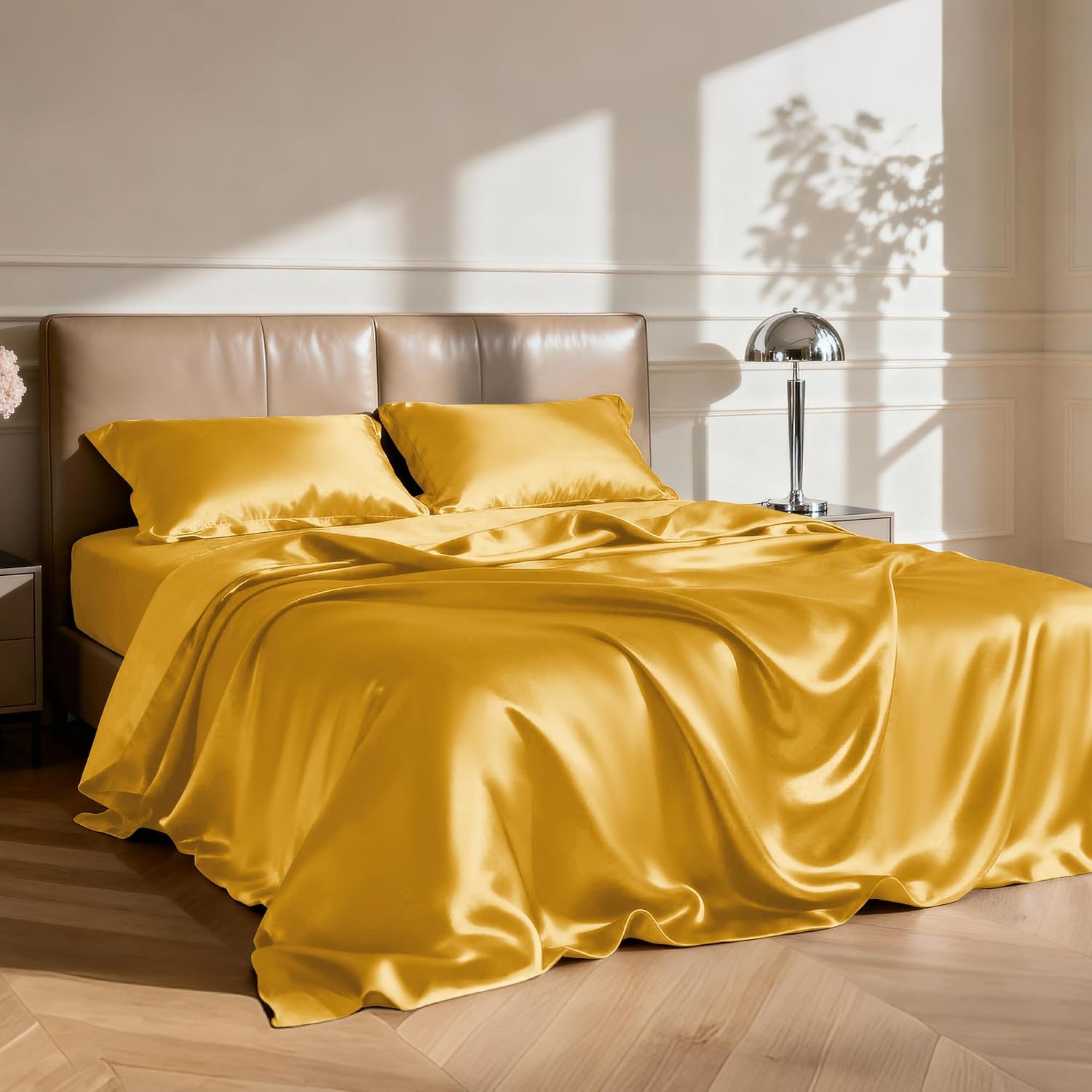 Lovescabin Love's cabin 4Piece California King Satin Bed Linen Set, Gold Silky Satin Sheets, Deep Pocket, Luxury Silk Feel, 1 Flat, 1 Fitte…