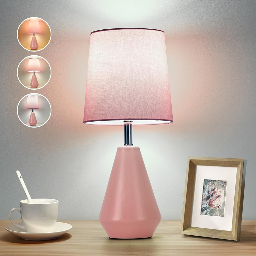 Small Bedside Table Lamp for Bedroom - Reading Desk Lamp with 3 Color Temperatures,15.5" Nightstand Ceramic Lamp with Fabric Shade for…