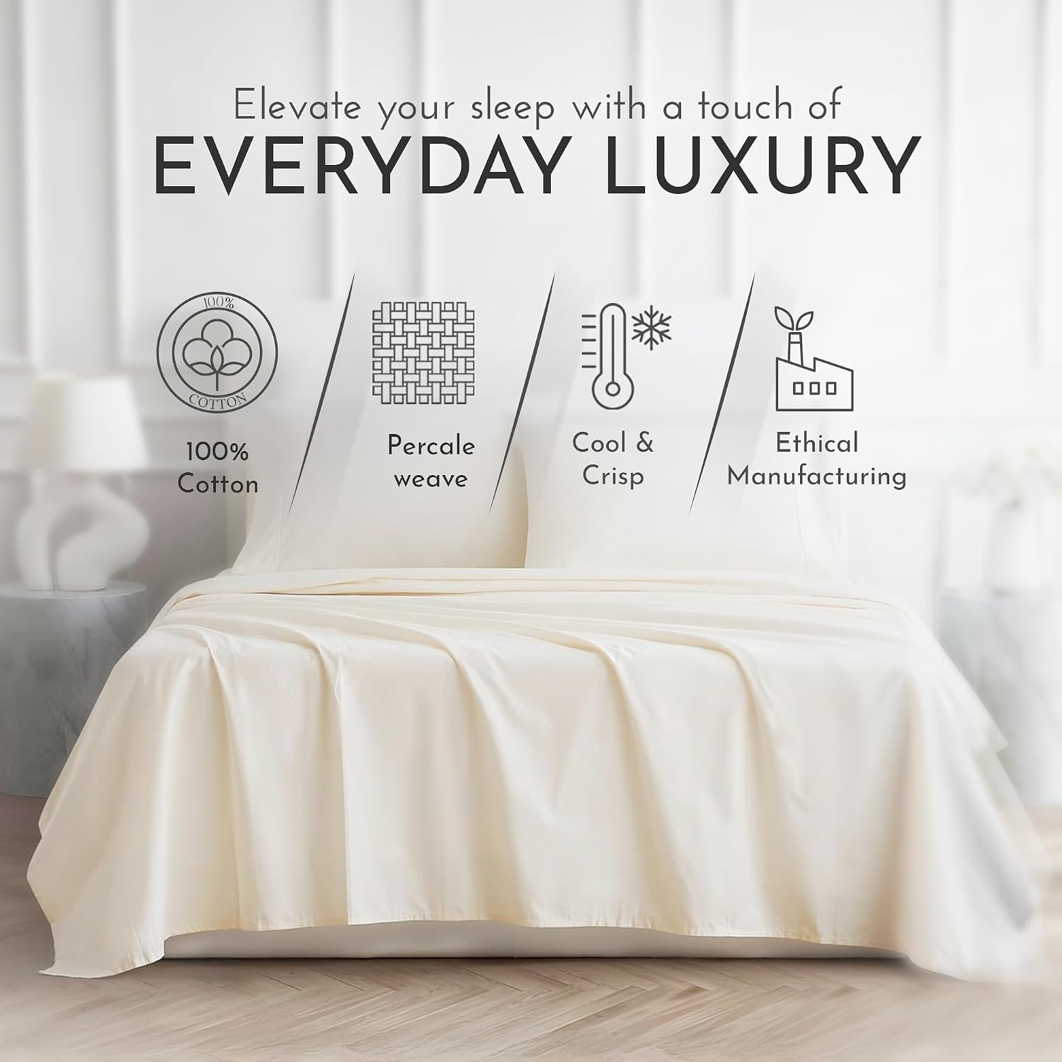 Linen Closet 4 Pcs 100% Cotton Queen Sheet Set, Ivory, 400 Thread Count, Percale Weave, Deep Pocket Fitted Sheet, Fits Up To 18"…