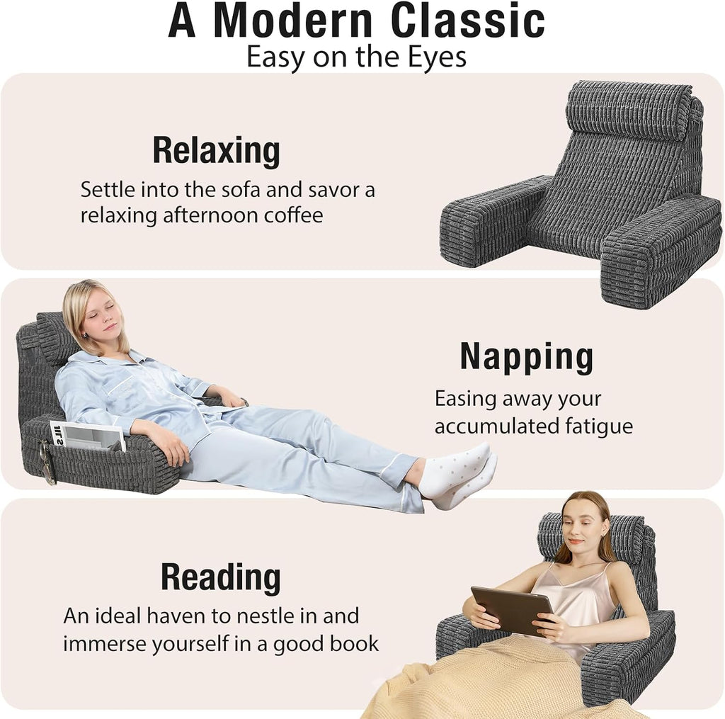 19" Reading Pillow for Bed with Built-in Arms & Large Pockets, Supportive Backrest Cushion for Reading, Resting, or Reclining, Washable…