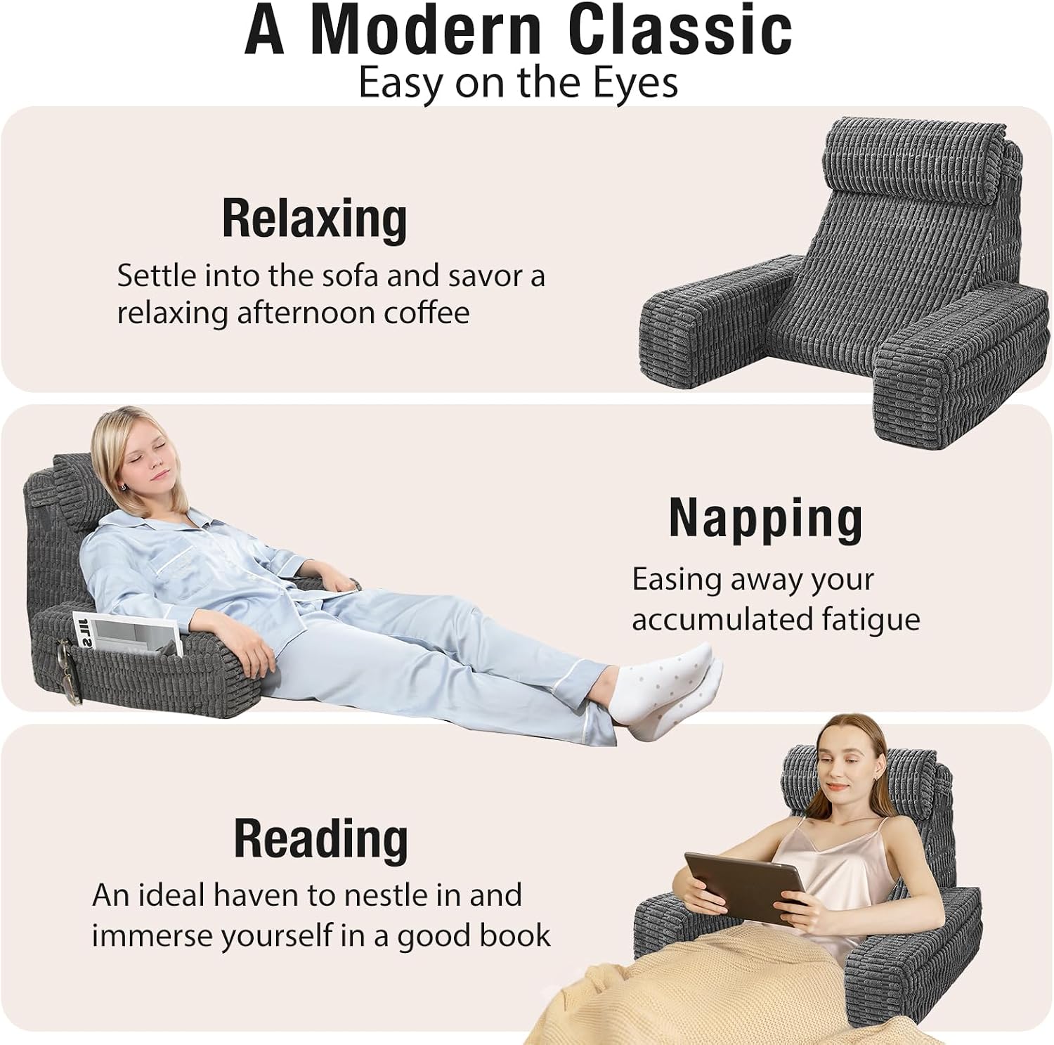 19" Reading Pillow for Bed with Built-in Arms & Large Pockets, Supportive Backrest Cushion for Reading, Resting, or Reclining, Washable…