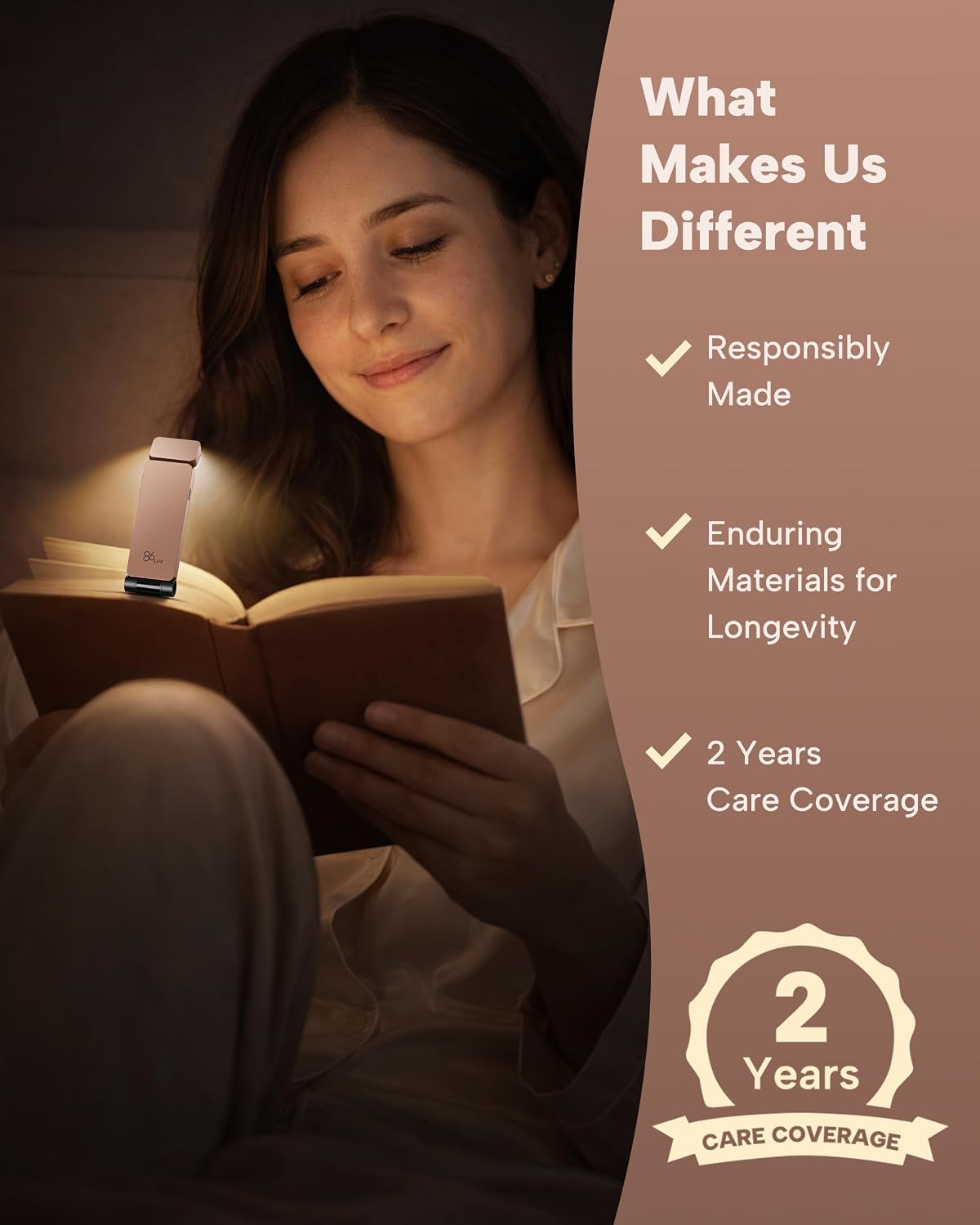 86Lux Book Light, Rechargeable Clip-On LED Reading Light for Bed & Night Use - 3 Color Temperatures with Stepless Dimming, Ultralight Bookm…