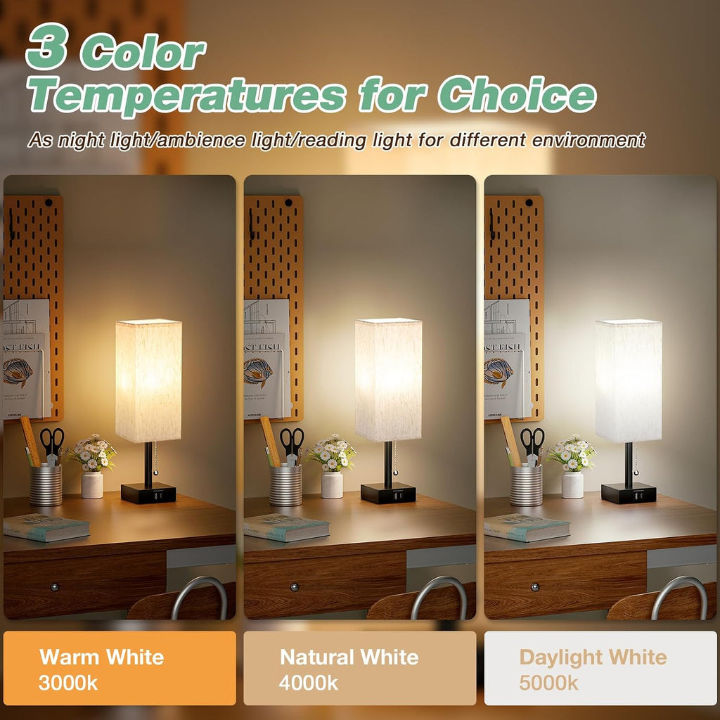 Aooshine Pull Chain Small Table Lamp - 3 Color Temperature Bedside Lamp for Bedroom with USB Port, Minimalist Nightstand Lamp with Black Ba…