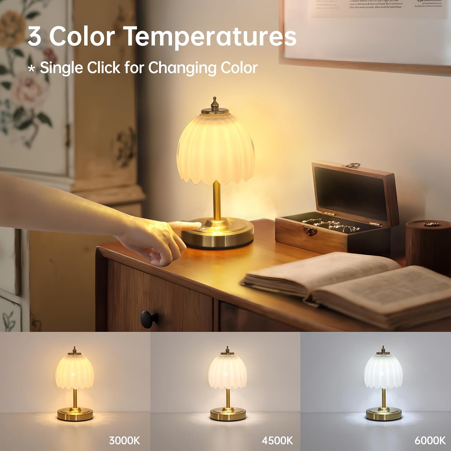 Shenmoyl Tulip Small Table Lamp, 5200mAh Cordless Touch Control Mini Table Lamp with 3 Color Temps & Stepless Dimming, Perfect for Small Sp…