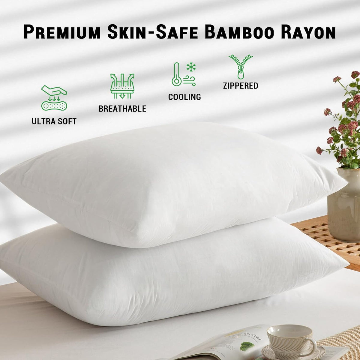 Gogreen Bamboo Rayon Waterproof Pillow Protector, Breathable Pillow Cover, Cooling Pillow Case Protector with Zipper, Super Soft Pillow Cas…