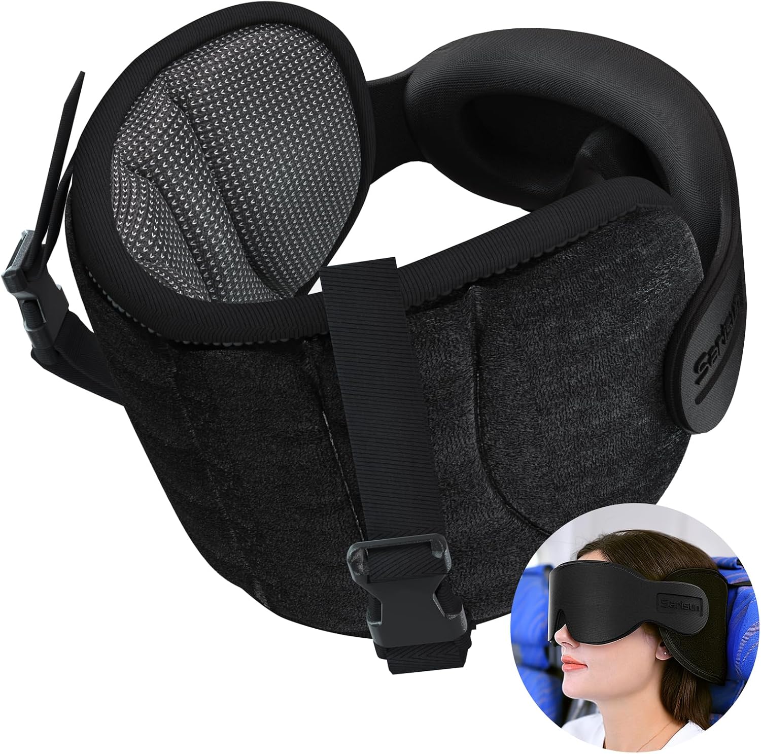 SARISUN Travel Pillows for Airplanes, Airplane Pillow for Long Flight Car Road Trip, Airplane Head Strap with Sleep Eye Mask, 360°…