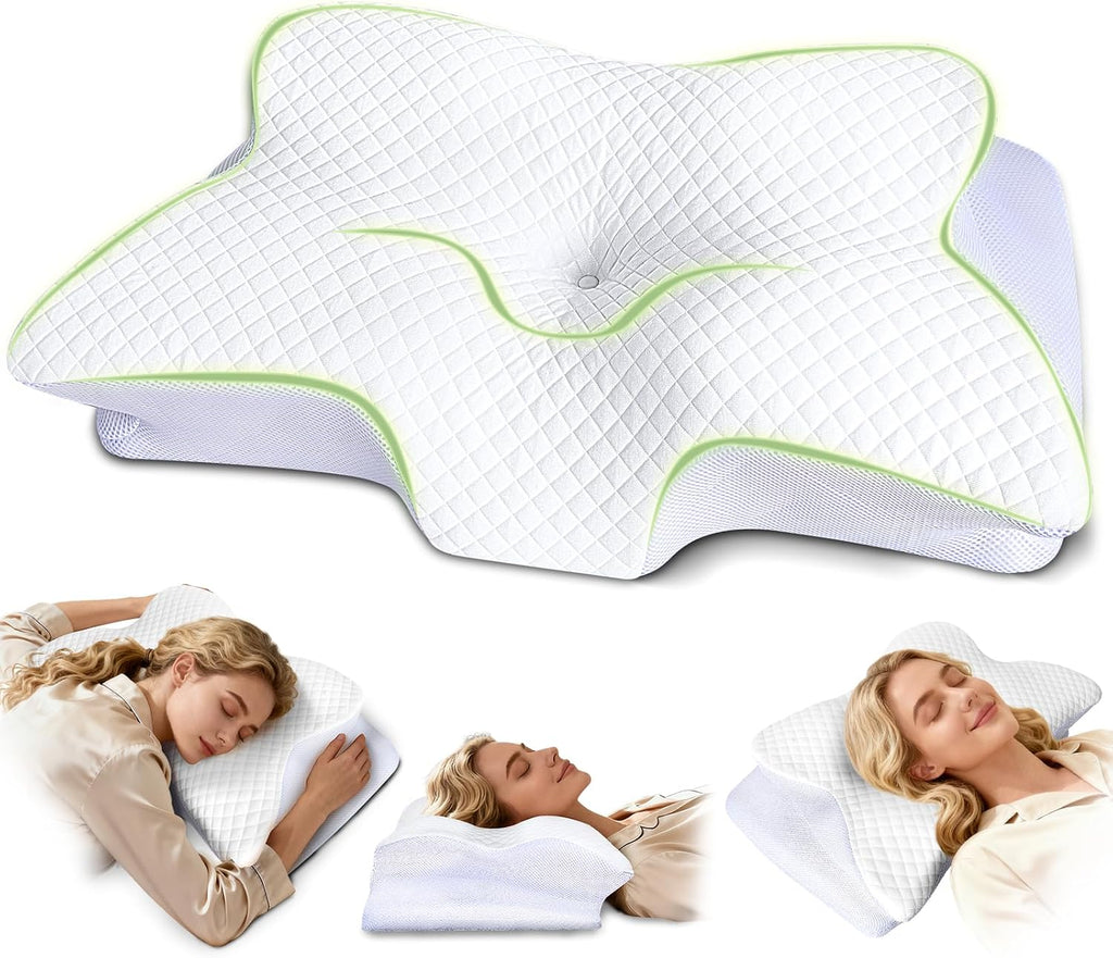 Roowana Cervical Neck Pillow for Neck Pain, Memory Foam Orthopedic Pillow with Contoured Design, Neck Support Pillows with Two Height Optio…