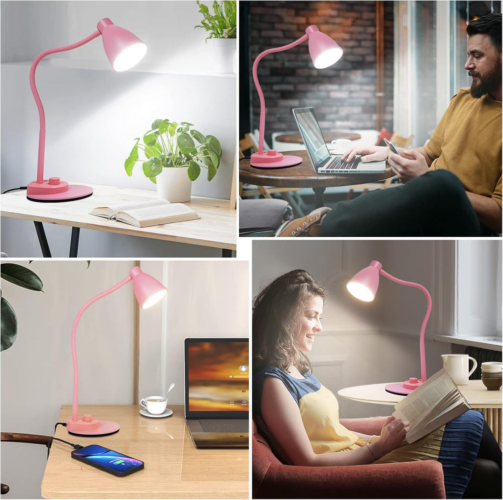 BOHON Cute Desk Lamp with USB Charging Port, Pink Lamp 3 Color Modes Dimmable LED Reading Lamp, Flexible Neck Auto Dimming Table Task…
