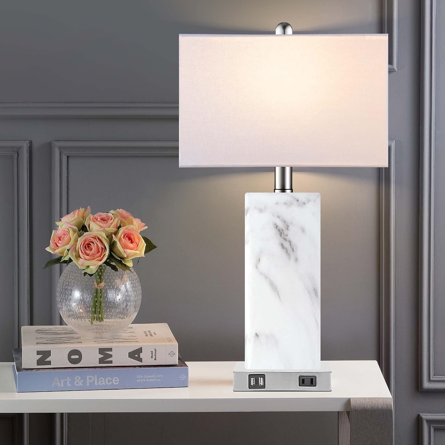 Touch Control Table Lamps Set of 2, Modern Ceramic Bedside Lamp with 2 USB Ports 1 AC Outlet, 3-Way Dimmable White Nightstand Lamp with…