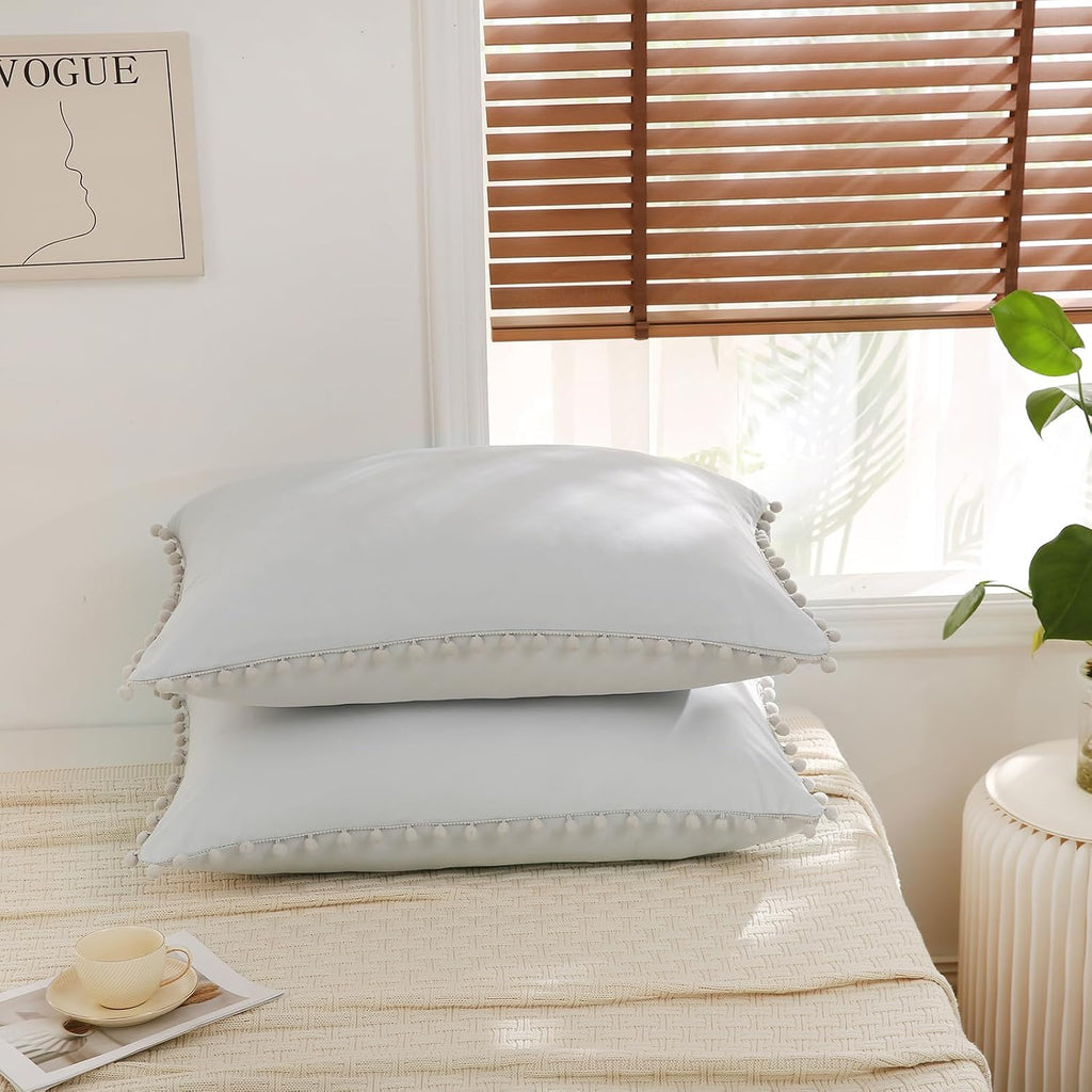 Moveover MOVE OVER Beige Gray Pillowcases King Size Boho Pom Pom Pillowcases Set of 2 Solid Light Gray Pom Pom Fringe Pillow Case Cover 2 P…