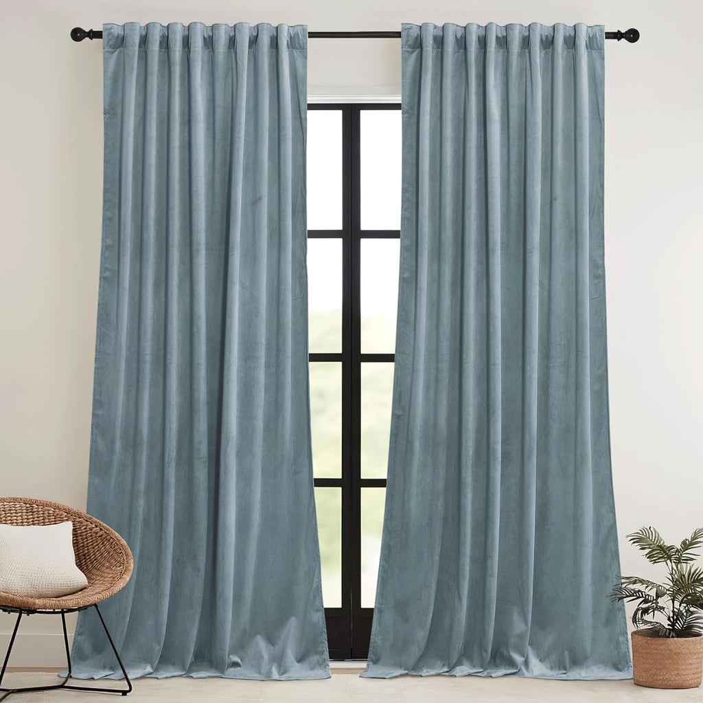 Rybhome RYB HOME Stone Blue Velvet Curtains for Bedroom Living Room, Thermal Insulated Privacy UV Heat Blocking Luxurious Drapes for Nurser…