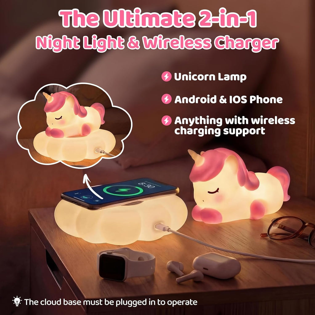 Mewaii Cloud Unicorn Night Light for Kids-Wireless Charging Cloud Base, 3-Level Dimmable 7-Color Changing & 30-Min Timer, Portable Girls Ni…