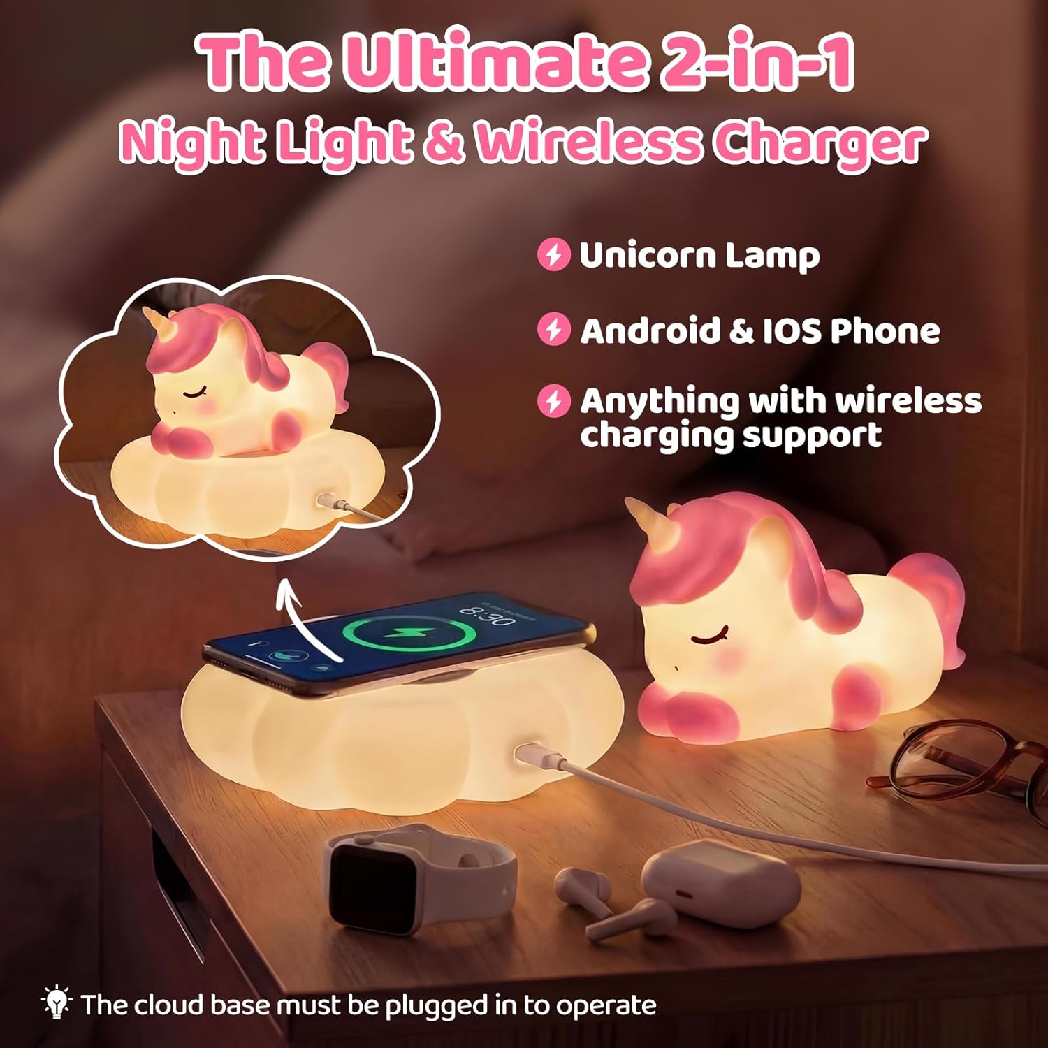 Mewaii Cloud Unicorn Night Light for Kids-Wireless Charging Cloud Base, 3-Level Dimmable 7-Color Changing & 30-Min Timer, Portable Girls Ni…