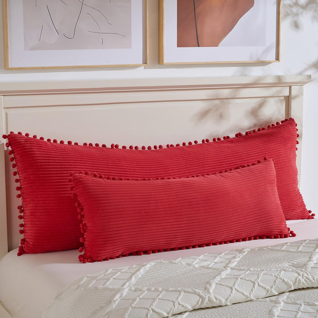 Fancy Homi 1 Pack Red Long Lumbar Body Decorative Throw Pillow Covers 20x54 Inch with Pom-poms for Couch Sofa Bed, Farmhouse Boho Rustic…