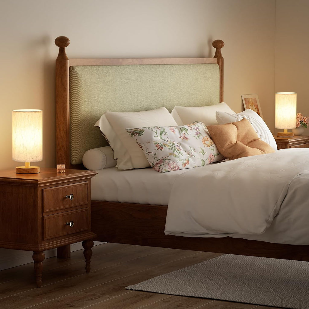 Fenmzee Small Lamps Set of 2 - Inline Control, Bedside Table Lamp for Bedroom with 3000K A15 LED Blub, Easy Assembly (Cream Shade - Wood…