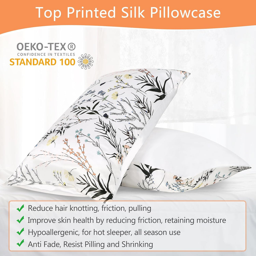 MANSPHIL Rustic Floral Silk Pillow Cases Standard, Wildflower Printed 22 Momme Mulberry Silk Top with Satin Underside Pillowcase for Hair…