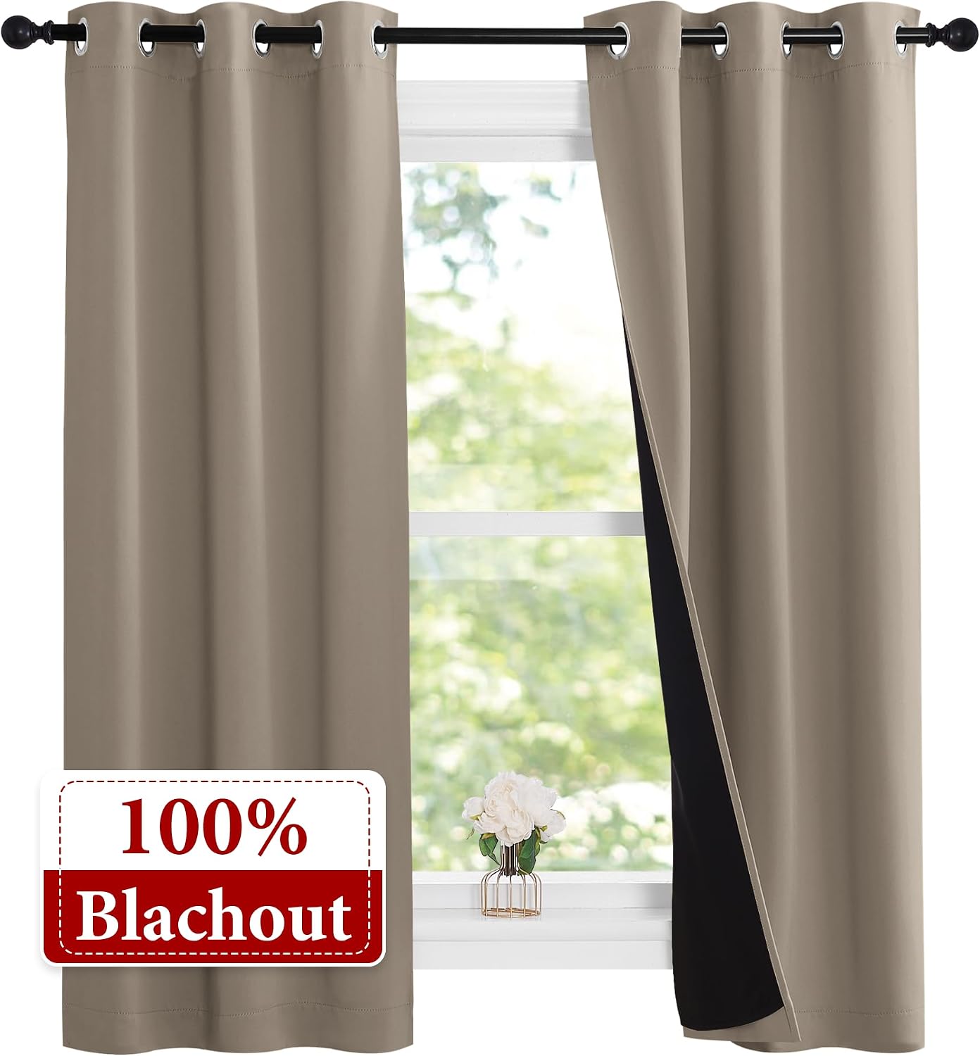 Nicetown 100% Blackout Short Curtains with Black Liners, Solid Thermal Insulated Full Blackout 2-Layer Lined Drapes, Energy Efficiency Wind…
