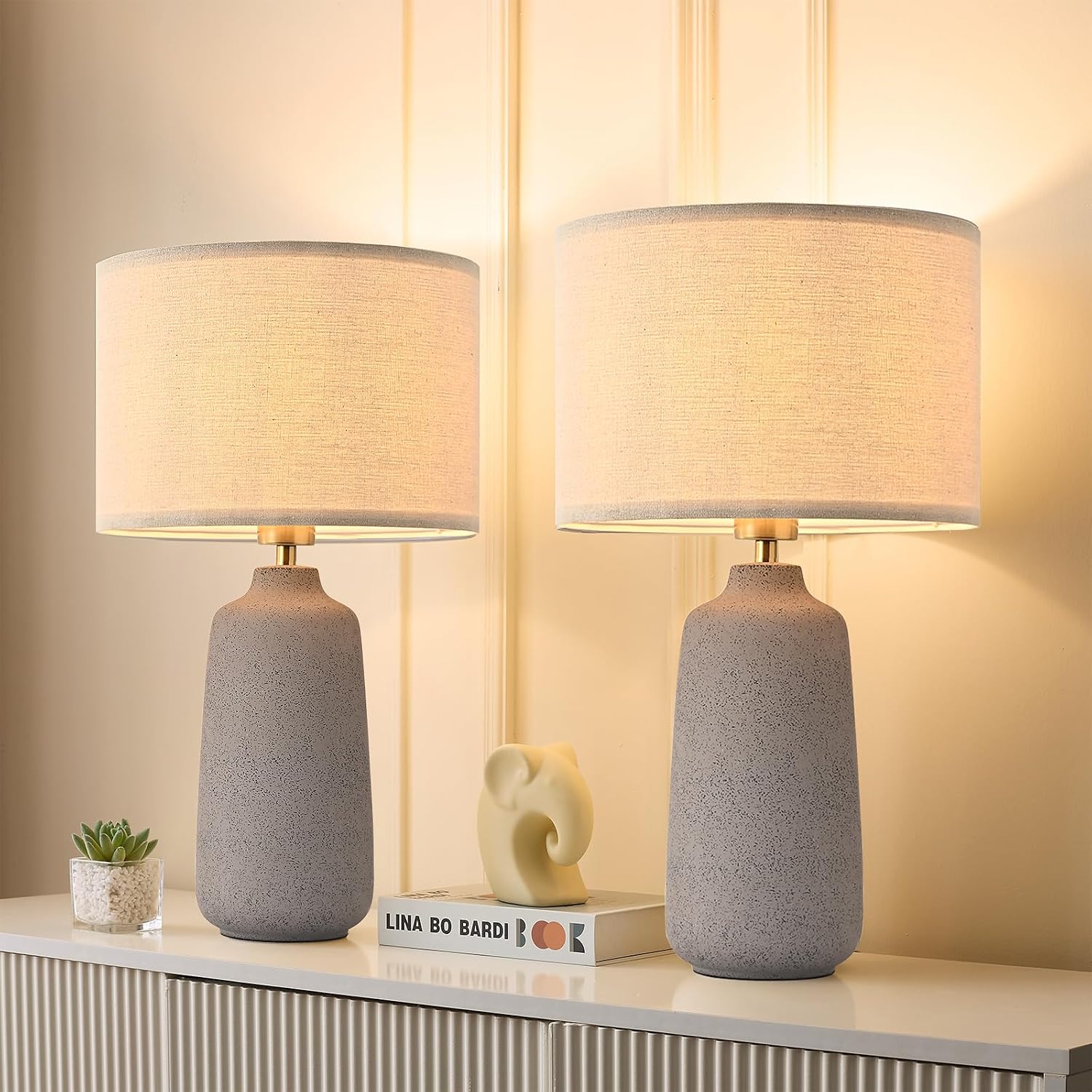 BrightWe Earth Brown Ceramic Table Lamp Set of 2 Tall 22in Lamps for Living Room End Table Bedroom Farmhouse Rustic Lamp Set Bedside…