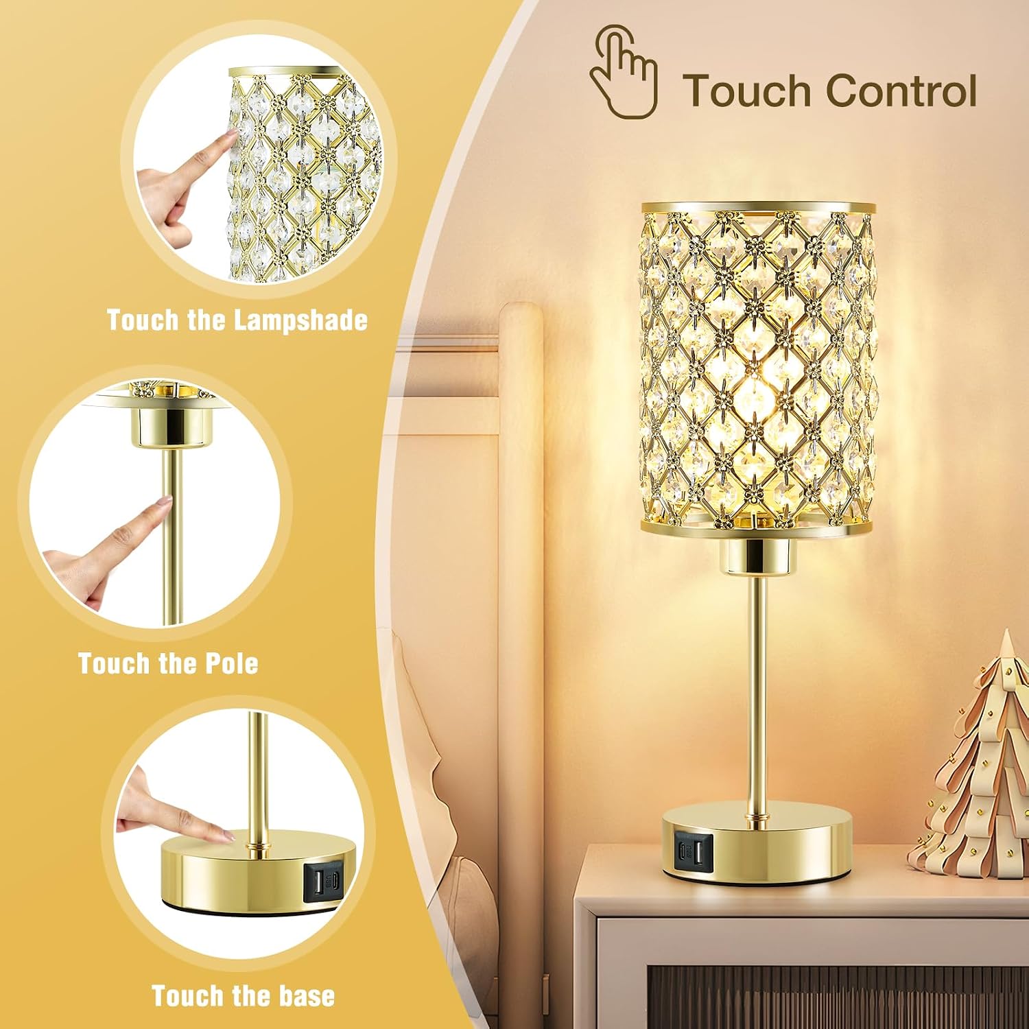 GyroVu Crystal Table Lamp, Gold Touch Lamp for Nightstand with USB C+A Ports, Dimmable Lamp with Crystal Shade, Bedside Lamp Small Lamp…