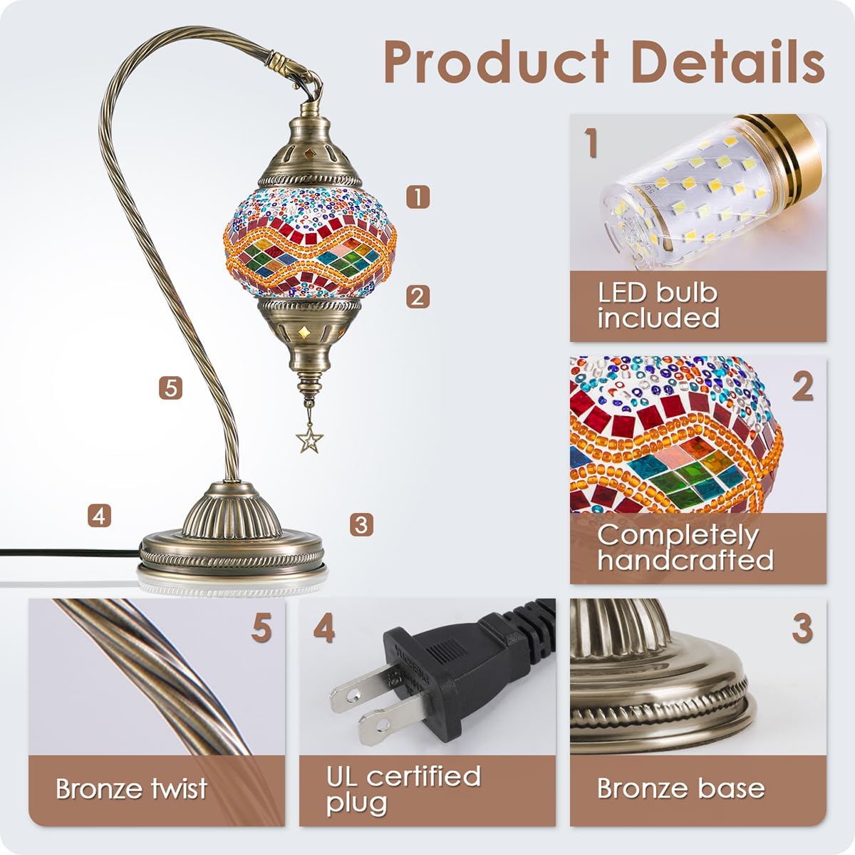 Yarra-Decor Turkish Moroccan Lamp with Bronze Base 3 Color Options Handmade Swan Neck Tiffany Mosaic Glass Bedside Lamps for Bedroom (LED…