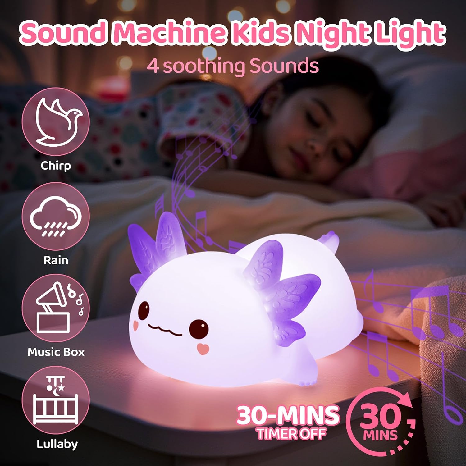 Mewaii Huggwaii Squishy Axolotl Night Light for Kids, Dimmable Silicone Kids Night Light with 4 White Noise, 2025 Upgraded Rechargeable…