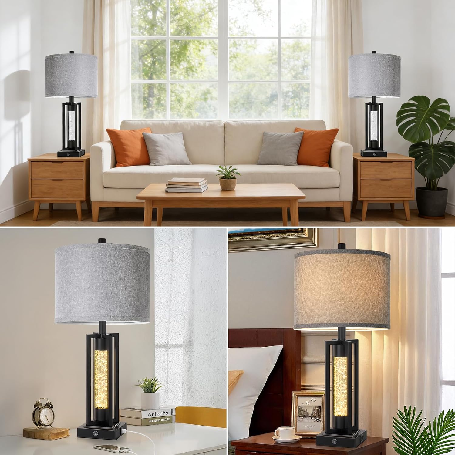 Tobusa 26’’ Farmhouse Table Lamps for Living Room Set of 2, Modern Nightstand Lamps with Crystal Night Light & 2 USB Ports, Vintage Home De…