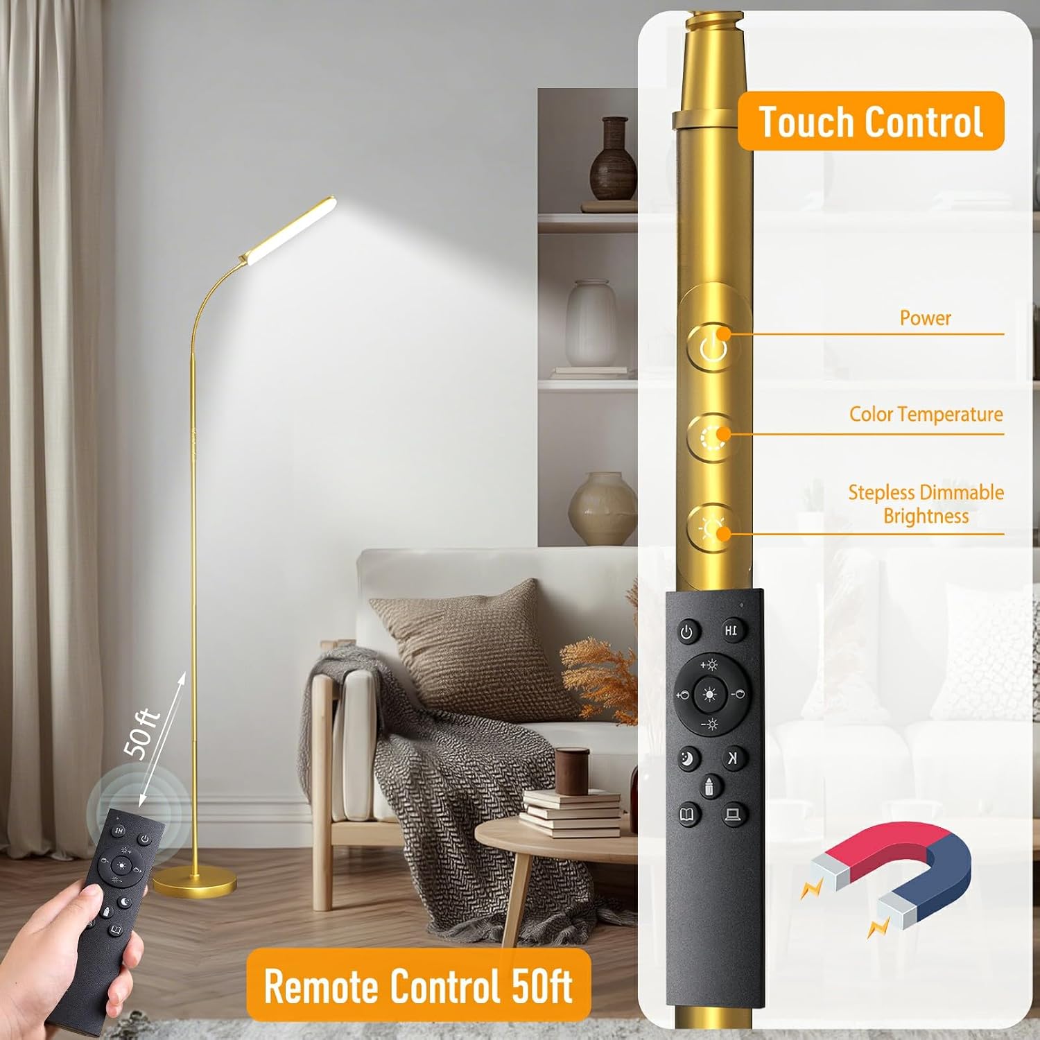 marctronic Gold Floor Lamp, 18W 1800LM Bright LED Floor Lamps for Living Room Bedroom, Dimmable Timing Eye Caring Reading Standing Lamp…