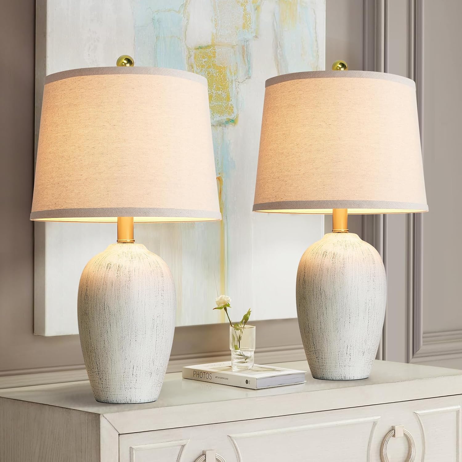 Aieampdo 21'' Set of 2 Rustic Ceramic Small Table Lamps for Living Room Bedroom, Farmhouse Vintage Nightstand Lamps for Office Entryway End…
