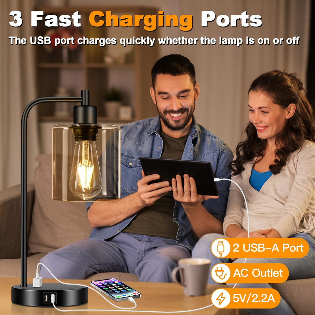 Set of 2 Industrial Touch Control Table Lamps with 2 USB Ports and AC Outlet - 3-Way Dimmable Black Bedside Lamp Nightstand Desk Lamps…
