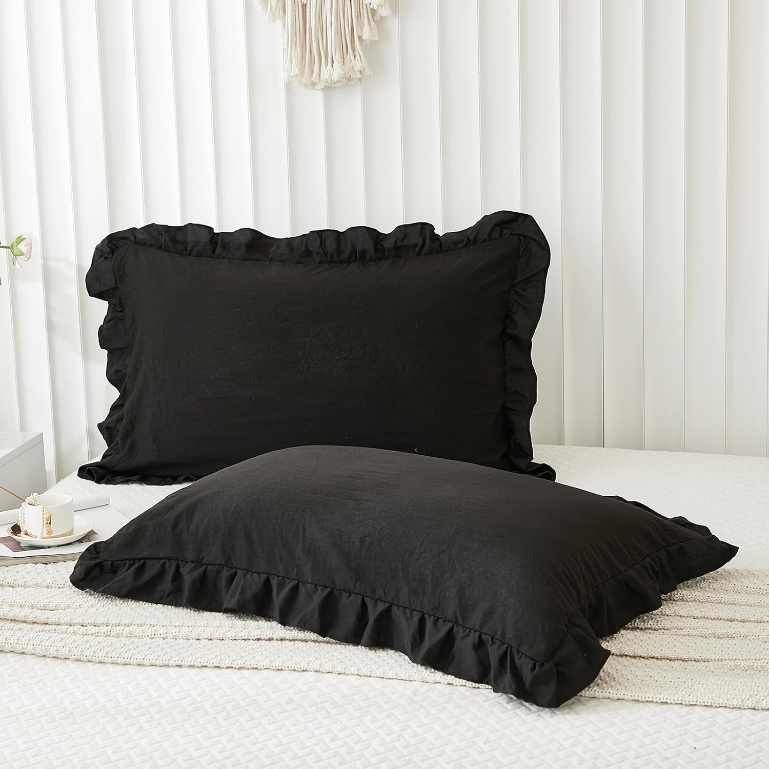 Merryword Black Pillow Shams Standard Pillowcases 20x26inch Black Ruffle Cute Pillow Cover Set of 2 Shabby Chic Soft Microfiber Pillowcases…