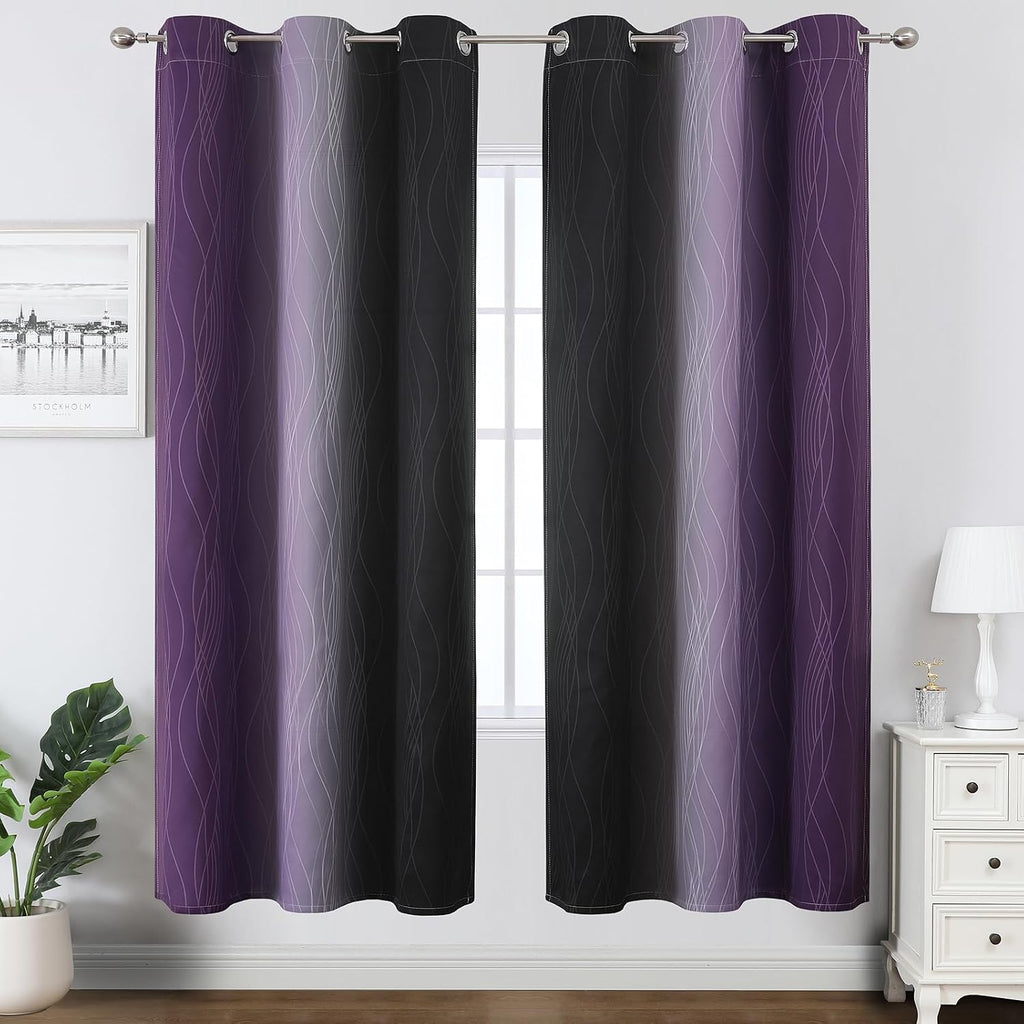 Estelartextiler Estelar Textiler Black and Purple Ombre Blackout Curtains for Bedroom, Full Room Darkening Grommet Curtains for Living Room…