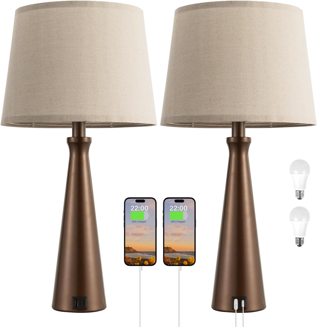 Seealle Modern Table Lamps Set of 2 - Touch Bedside Lamp for Nightstand with Dual USB C+A,3-Way Dimmable Brown Nightstand Lamps for…