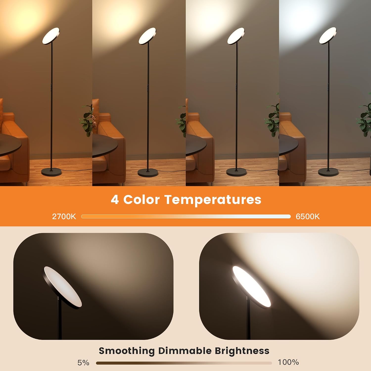 Bright Floor Lamp, 36W 3500LM Standing LED Lamp with Remote, Dimmable Torchiere Tall Lights 2700K Warm White to 6500K Cool White, Night…