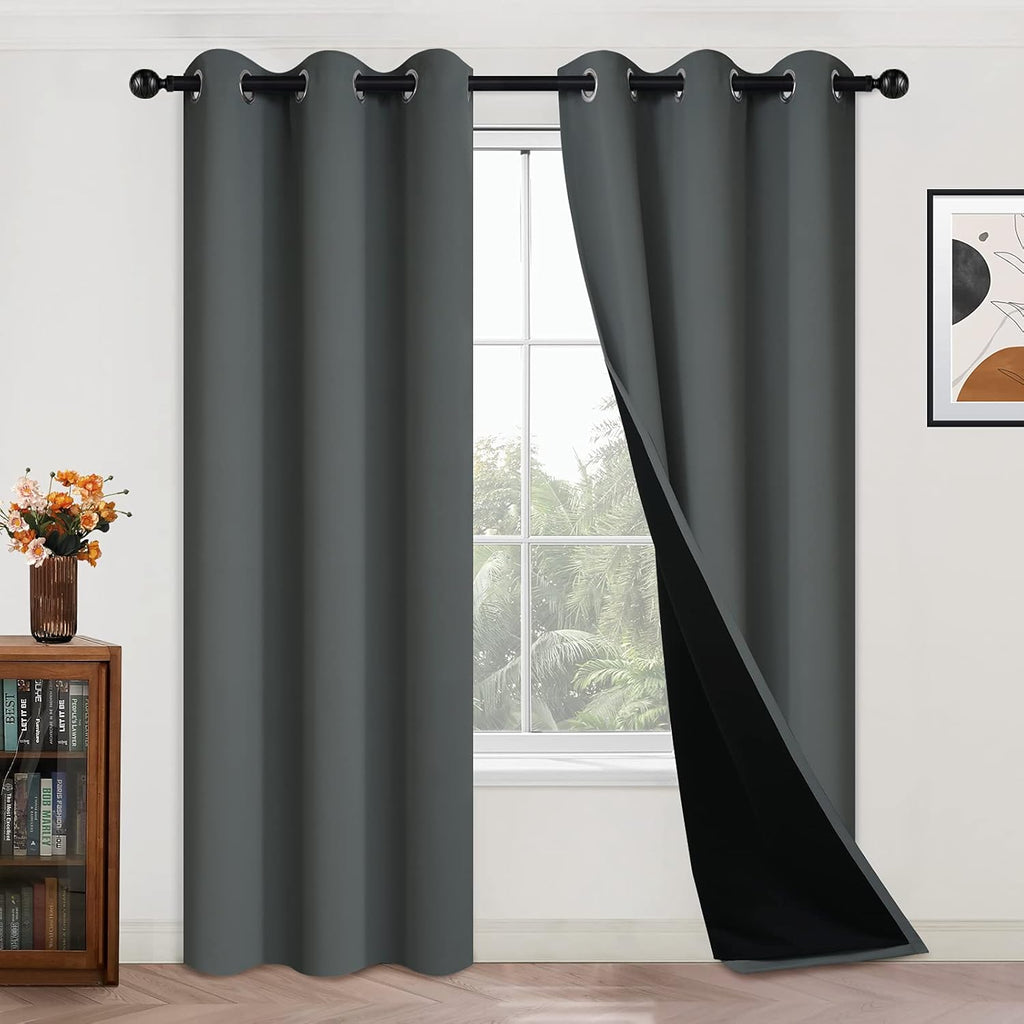 Yakamok 84 Inch Length 100% Blackout Curtains for Bedroom, 2 Thick Layers Thermal Insulated Grommet Total Blackout Drapes with Black Liner…
