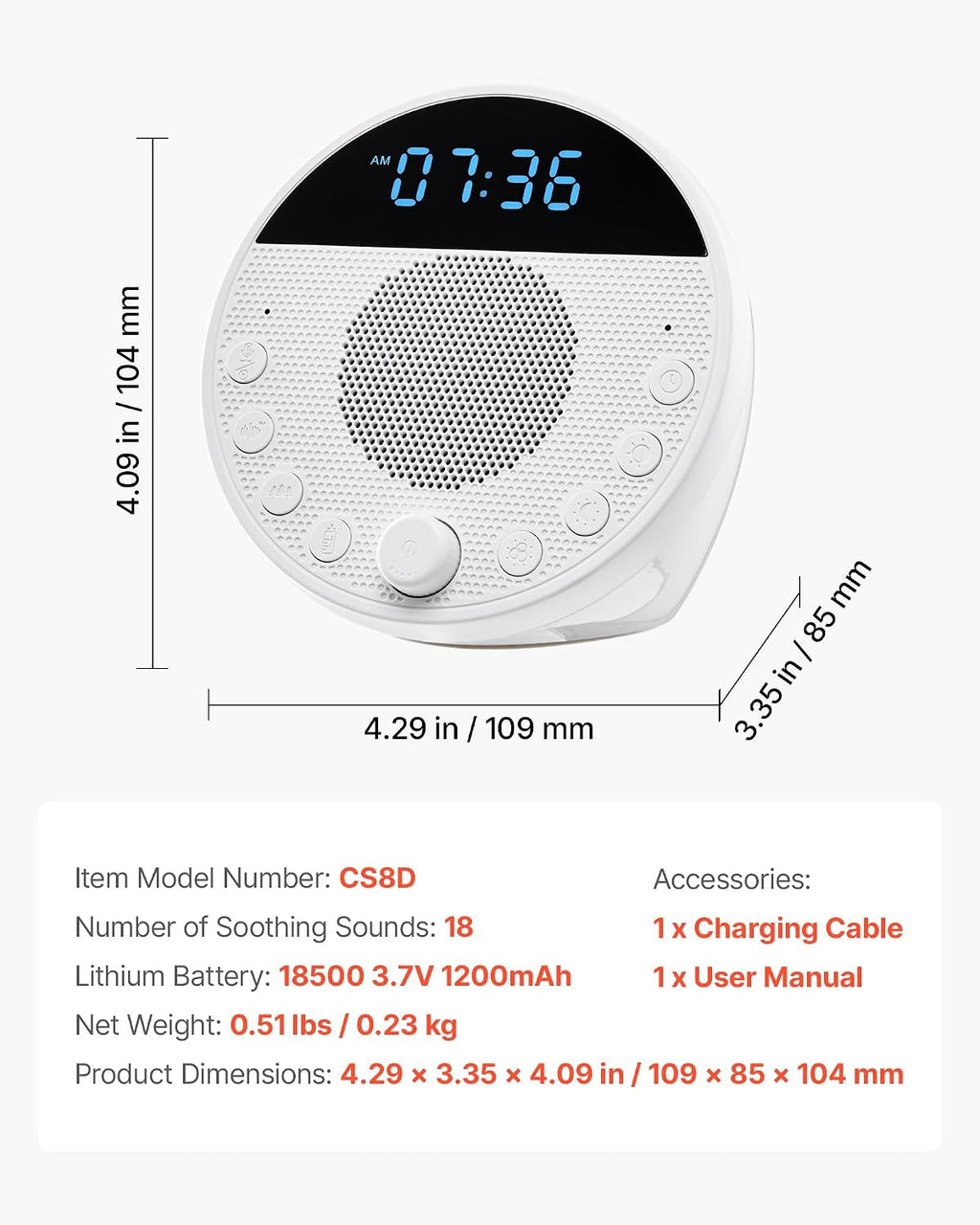 VEVOR Sound Machine, 18 Soothing Sleep Sounds, 7-Color Night Light, 6-in-1 White Noise Sound Machine with Dual Alarms, APP, Auto-Off…