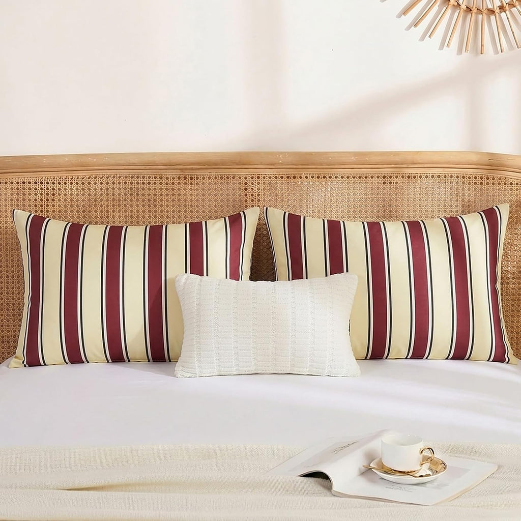 Merryword 100% Cotton Pillow Cases, Queen Size Pillowcases, Burgundy & Cream Striped Pillowcases, Luxury Linen Like Pillowcase, Soft Breath…