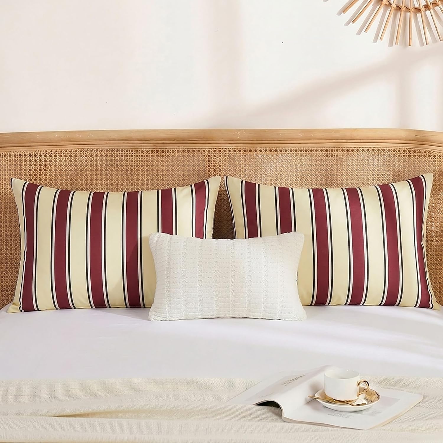 Merryword 100% Cotton Pillow Cases, Queen Size Pillowcases, Burgundy & Cream Striped Pillowcases, Luxury Linen Like Pillowcase, Soft Breath…