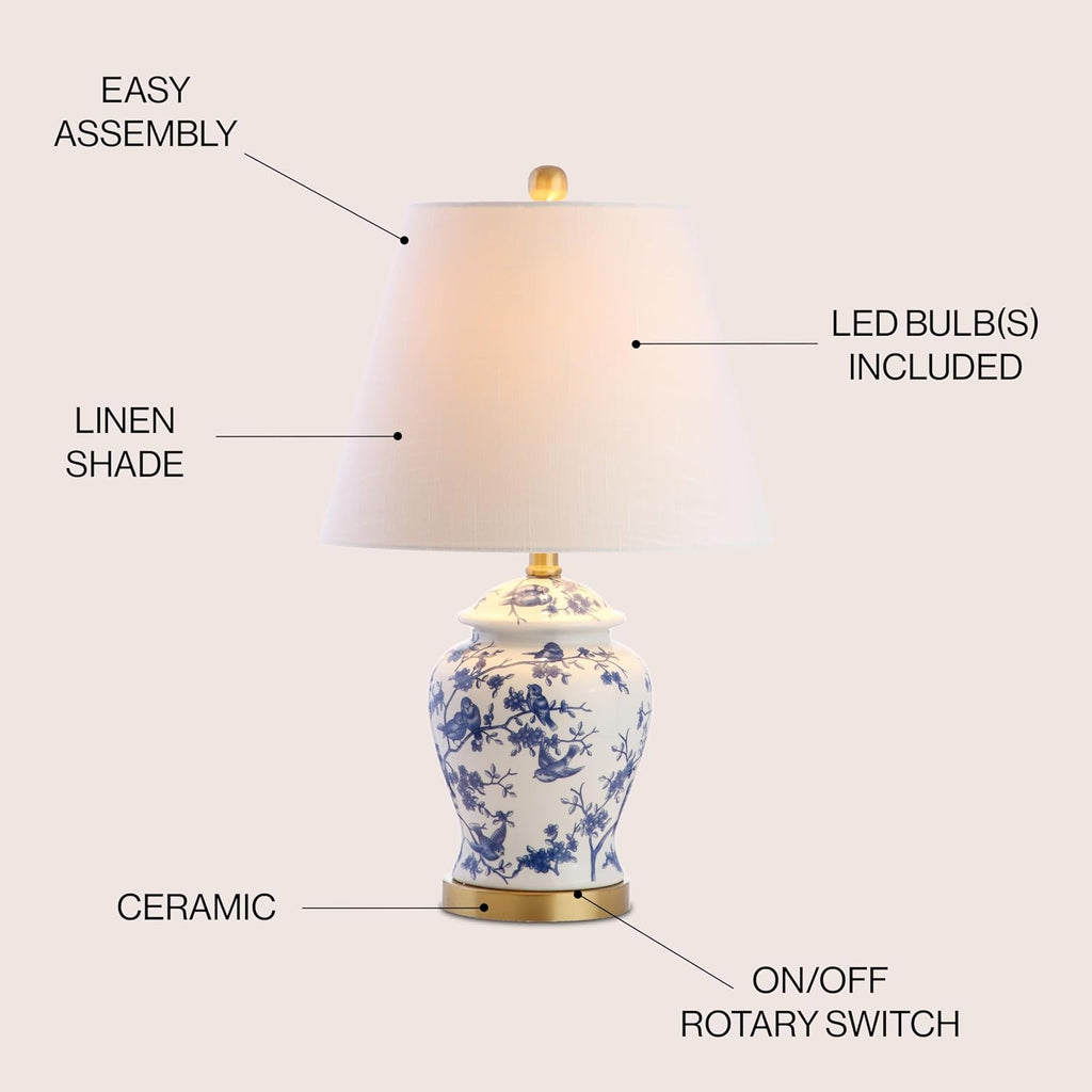 JONATHAN Y 22" Blue/White Ceramic Table Lamp, French Country Chinoiserie Ginger Jar LED Bedside Lamp for Living Room Bedroom, White Linen…