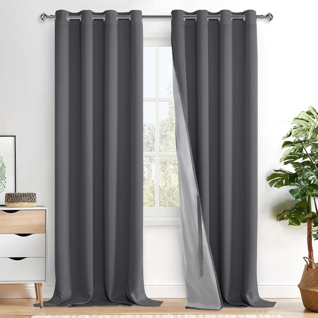 Xwzo 100% Blackout Curtain Panels - Extra Long Thermal Insulated Black Liner Curtains, Noise Reducing and Heat Blocking Drapes for Bedroom…