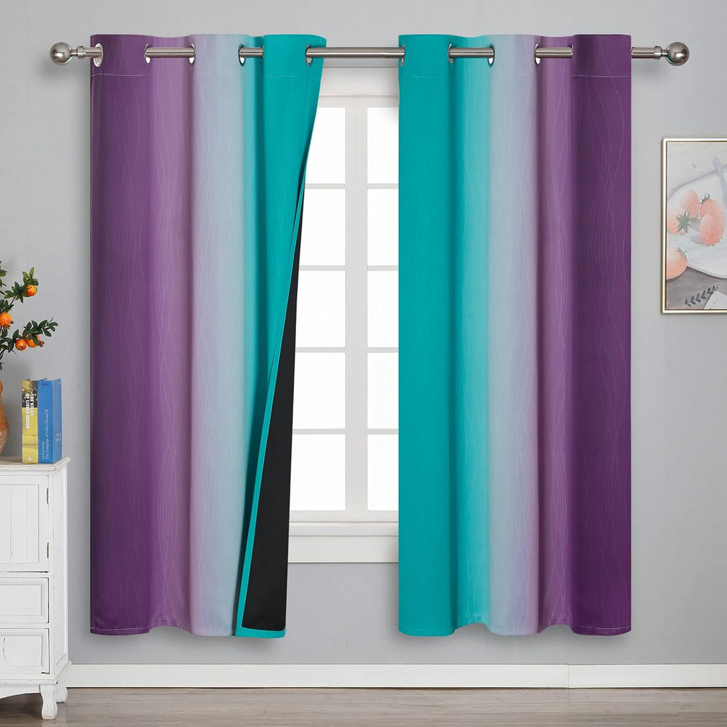 Estelartextiler Estelar Textiler Ombre Teal and Purple Blackout Curtains 72 Inch Length 2 panels, Grommet Thermal Insulated Gradient Drapes…