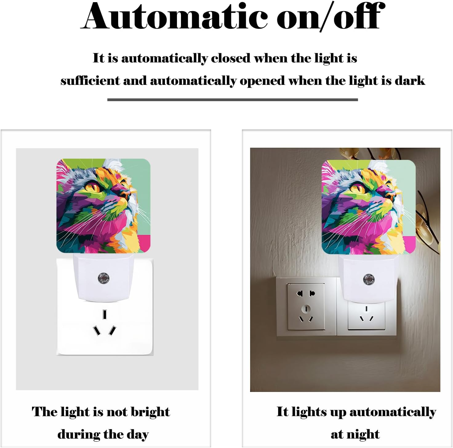 Colorful Cat Night Light, Plug-in Nightlights Auto Sensor Night Lamp Dusk-to-Dawn Lamp Home Decor for Nursery Children Girls Boys