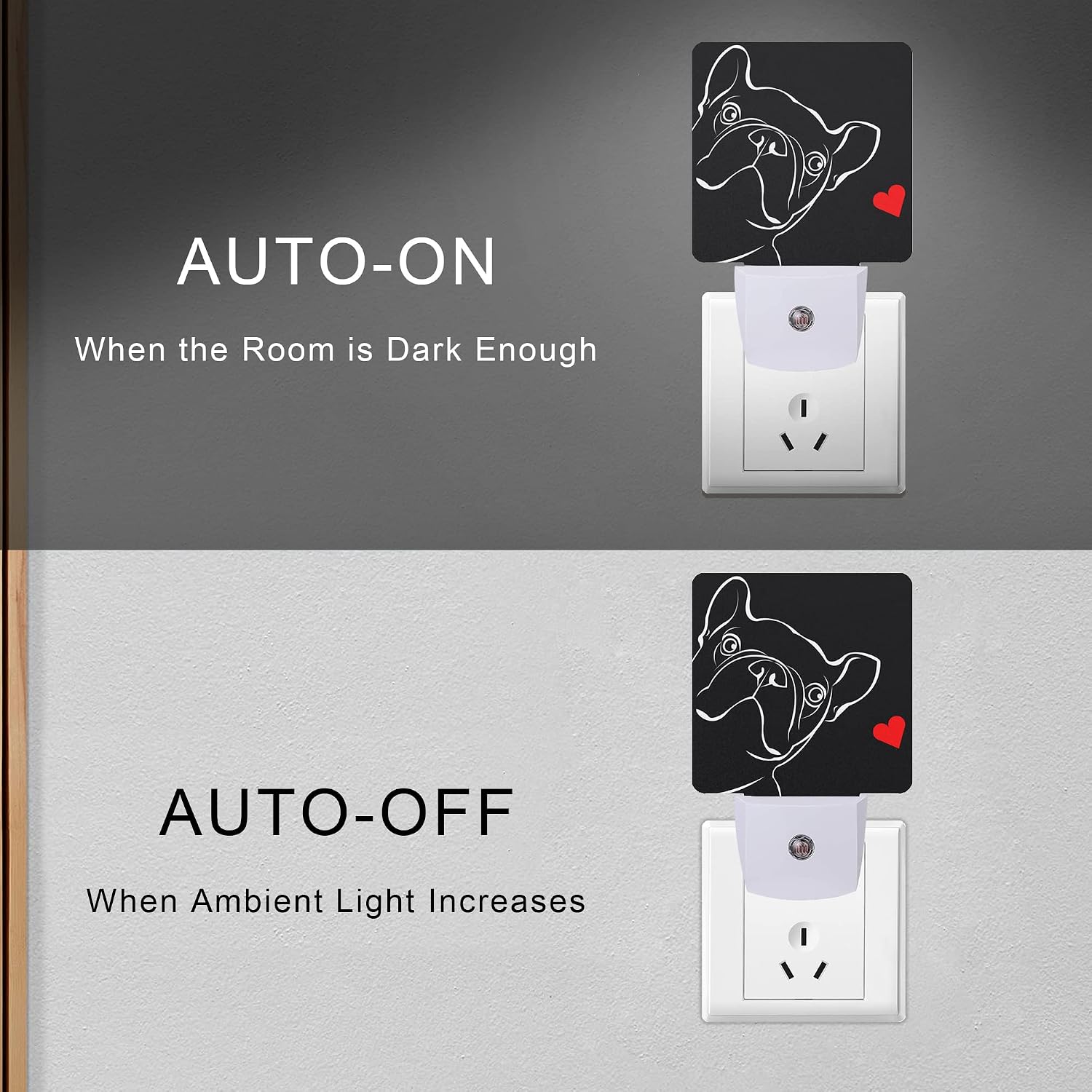French Bulldog Dog red Heart Night Light Plug-in LED Nightlights Auto Sensor Night Lamp Dusk-to-Dawn Lamp Home Decor for Nursery Children…