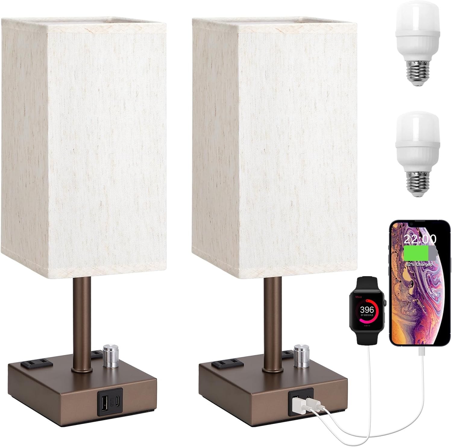 aooshine Brown Fully Dimmable Nightstand Lamps Set of 2 - Table Bedside Lamp with USB C+A Charging Ports & 2 AC Outlets, Square Lamp Sets…