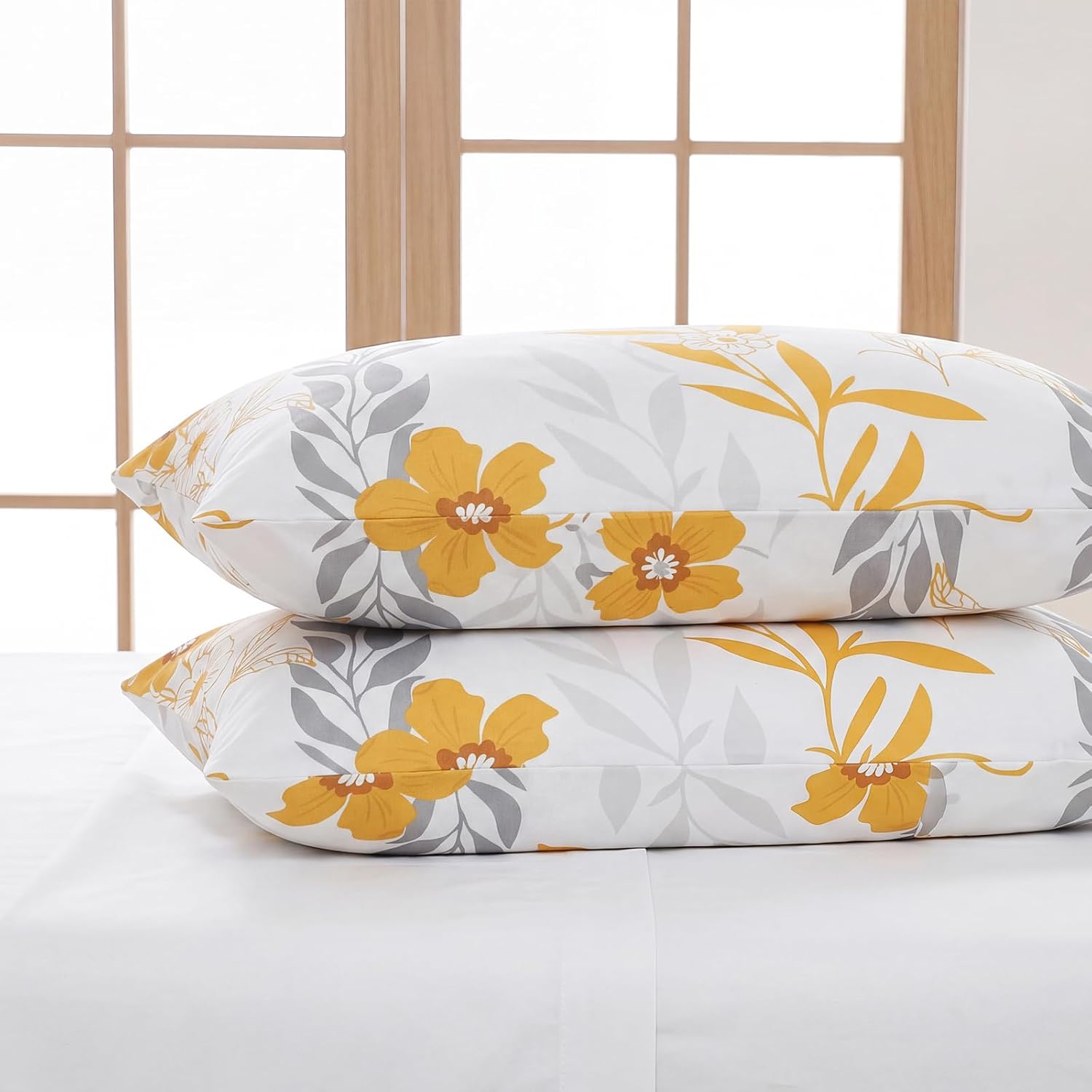 Bedorm 100% Cotton Pillowcases Standard Size Set of 2 Yellow Floral Pillow Covers Flower Leaf Botanical Print Decorative Pillow Cases with…