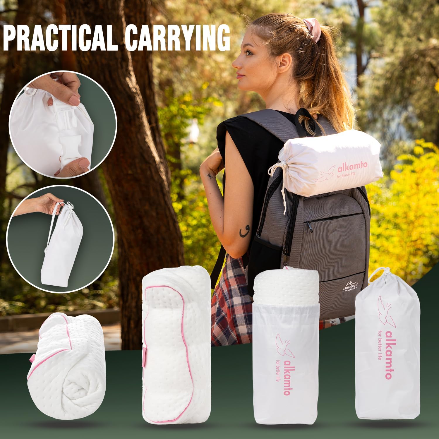 alkamto Travel & Camping Comfortable Memory Foam Pillow – Easy to Carry Portable Bag – Temperature Regulating Pillow Case (Pink Contour +…