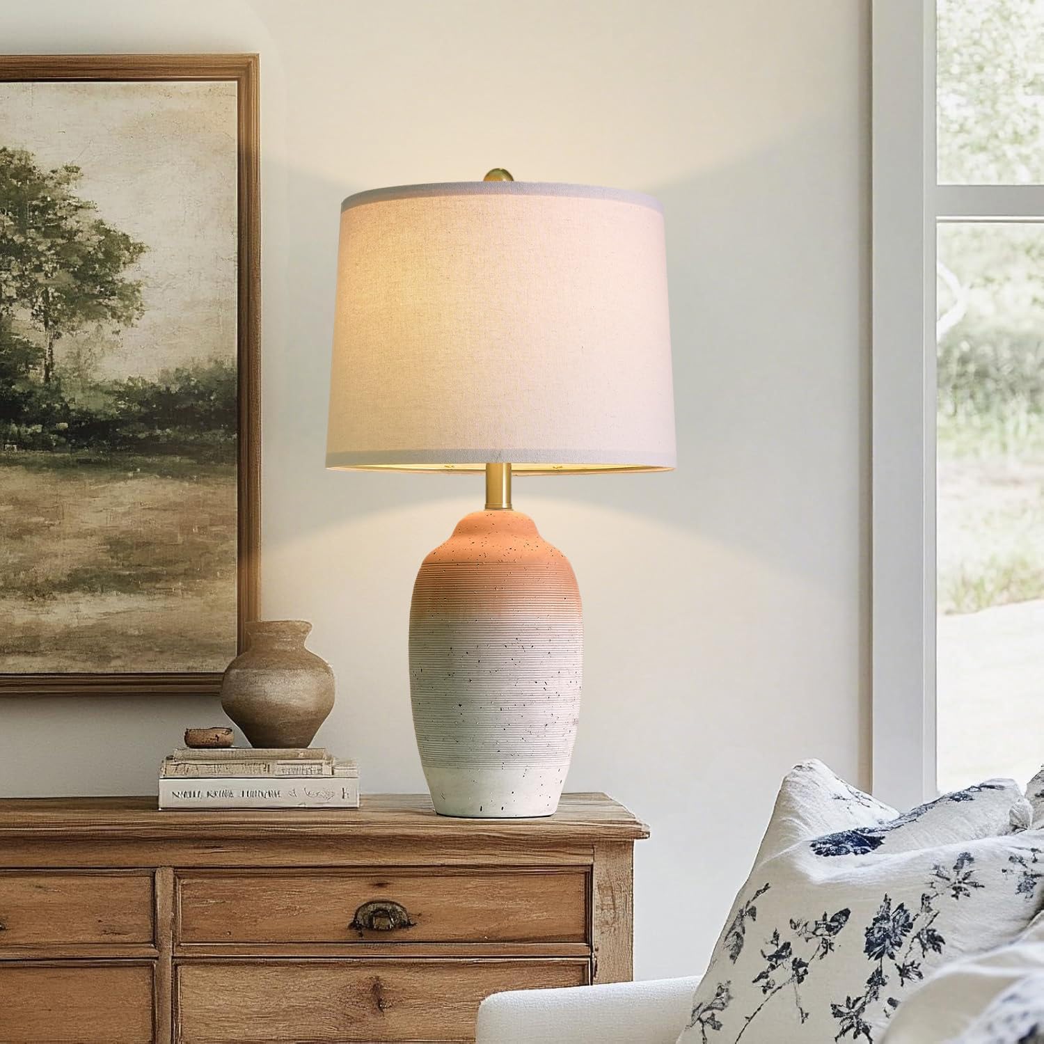 USumkky 24.5" Ceramic Table Lamp with 5FT Cord, Single Farmhouse Vintage Rustic Bedside Lamp for Living Room Bedroom Entryway, Linen…